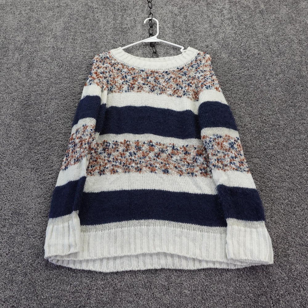 Maurices Sweater Womens Large Blue White Striped Crew Neck Knit Pullover Lurex